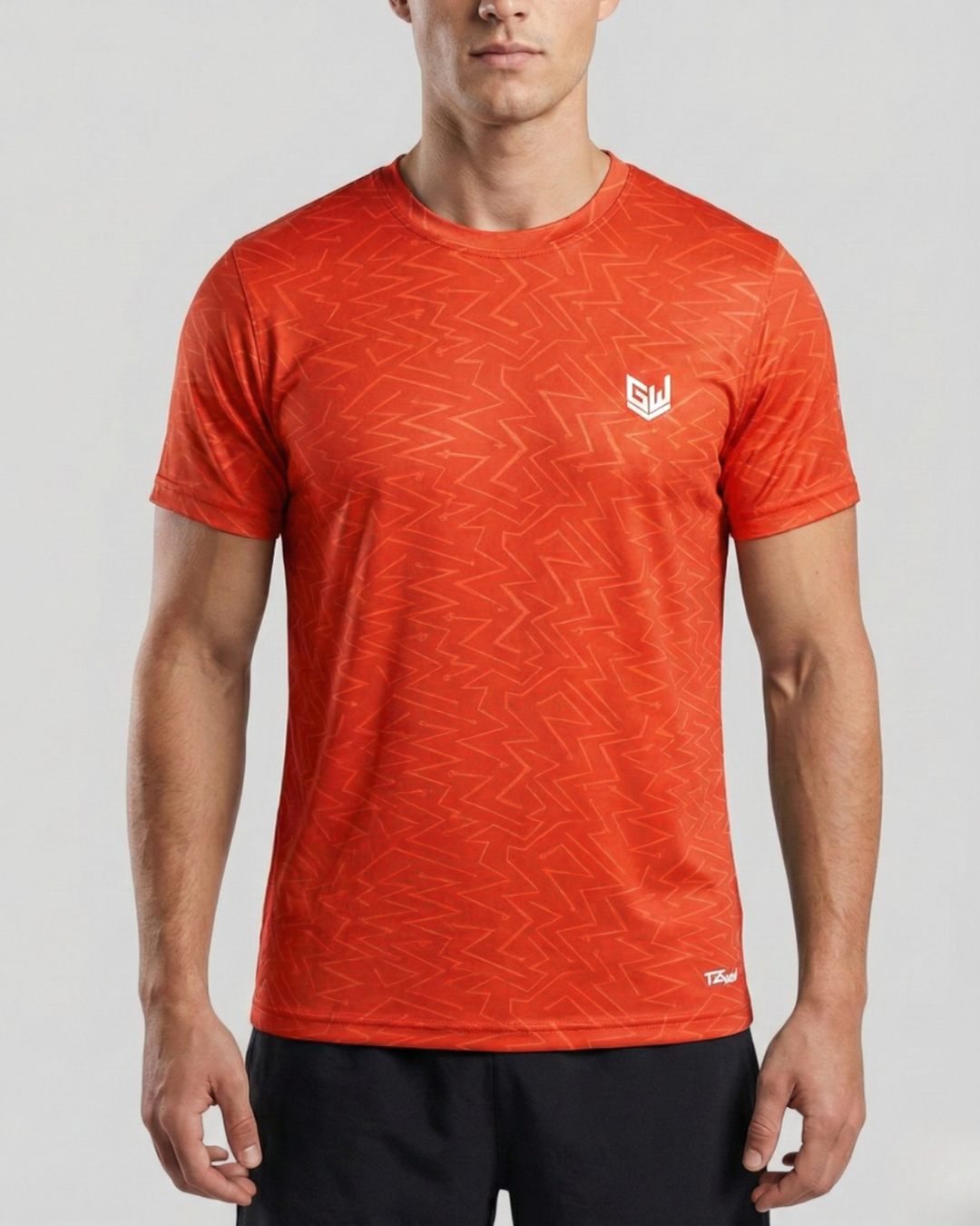 Goodwearr Men's Electric Orange Patterned Performance T-Shirt