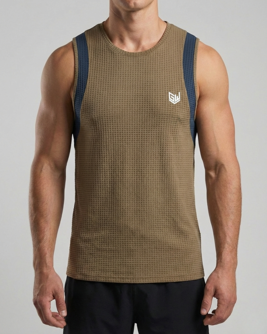 Goodwearr Men's Textured Tan & Navy Performance Tank Top